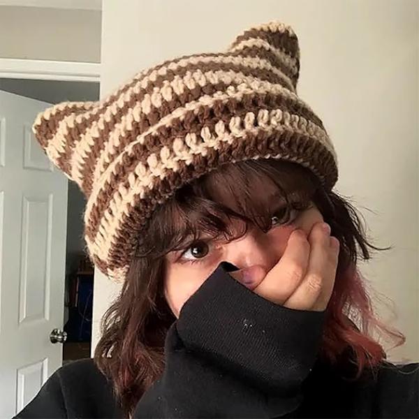 Hatt med katteører i strikket ull til kvinner, varm vinterlue med elastisk strikk, slouchy stil for jenter, voksne og barn Brown
