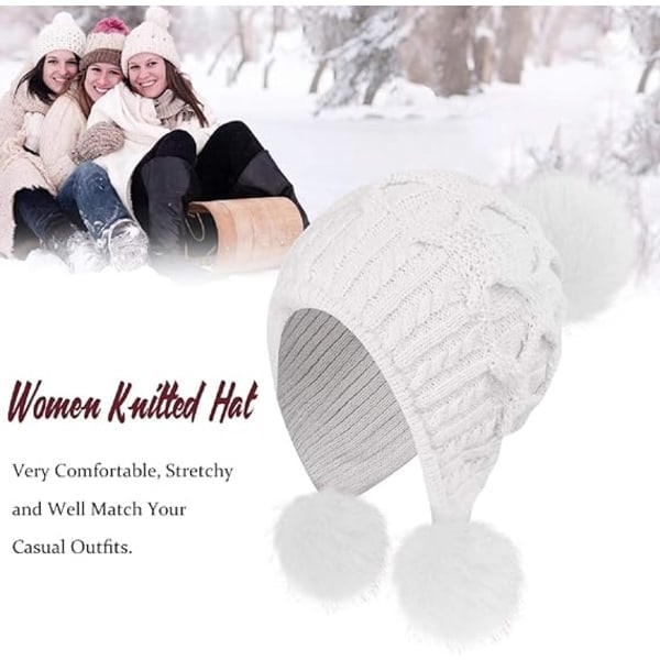 Talvihattu naisille, neulottu tupsulla, tuulenpitävät korvaläpät White