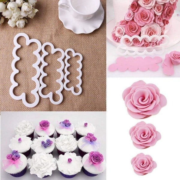 3-pak Rose-kutter - marsipanroser - former - baking Hvit