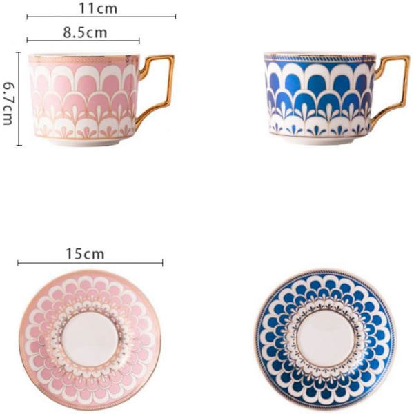 Eurooppalaistyylinen kupillinen teekuppi ja aluslautan setti, 8,5 oz/250 ml luuposliini kahvi- ja teekupit aluslautan ja kultaisen lusikan kanssa