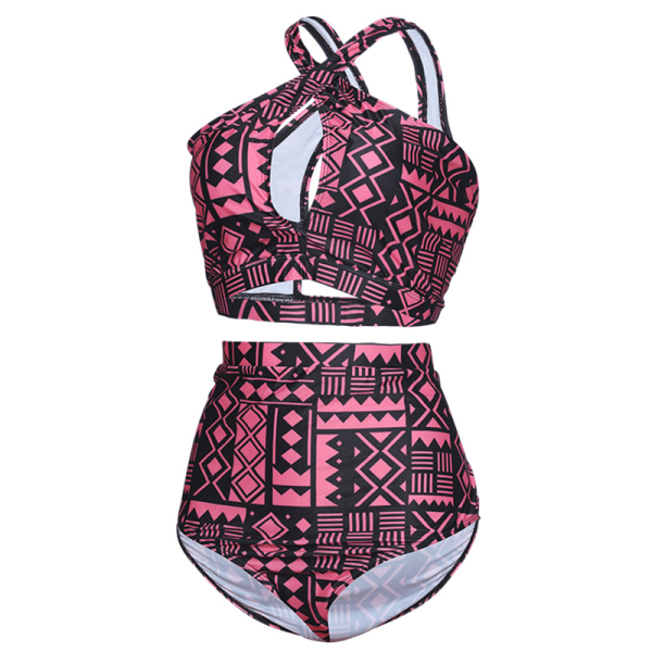 Plus Size Aztec Høytaljet Bikinisett Badetøy Badedrakt Rød 4XL Red 4XL