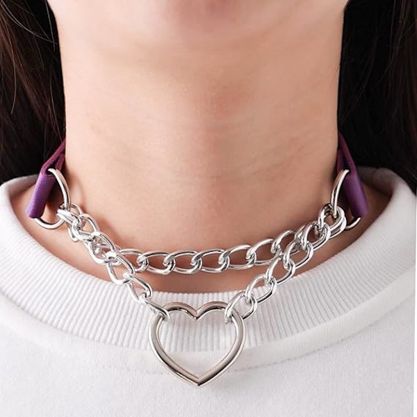 Punk Goth PU Läder Choker Halsband med Hjärthänge Berlocker Choker för Kvinnor Män D