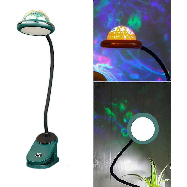 Klemme Lampe til Børn, USB Genopladelig LED Klemme Læselampe med Stjerneprojektion, Svanehals Sengelampe (Grøn)
