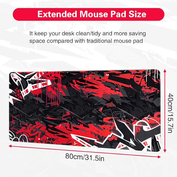 Gaming Mousepad, Udvidet Mousepad 800 x 400 mm, Computer Tastatur Mouse Mat Desk Pad med Skridsikker Gummibund og Syet Kant til Gaming Arbejde Black Red XXL