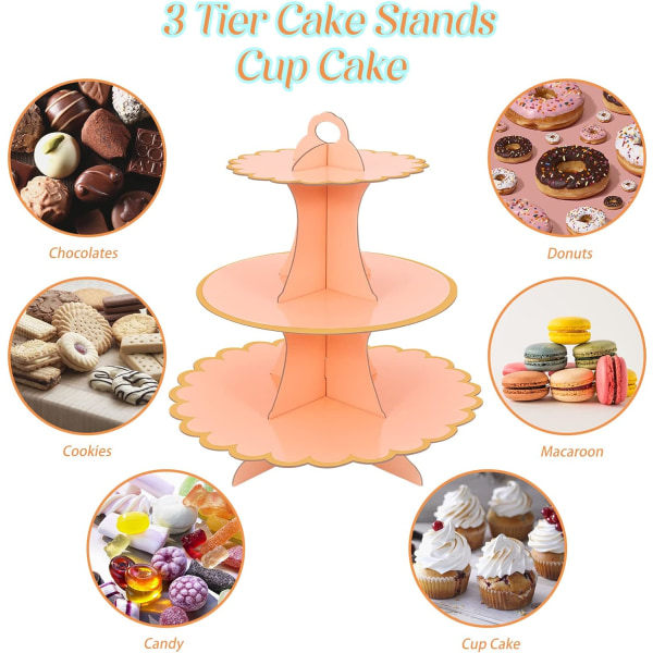 2-pack Rosa Tårtställ i Kartong, 3-Vånings Cupcakeställ, Dessertställ i Kartong, Runt Torn, Tårtställ i Kartong
