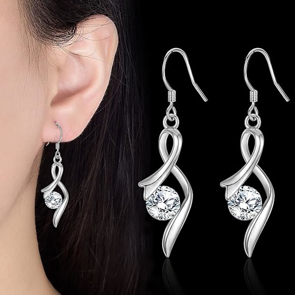 Sølvfargede dinglende øredobber med cubic zirconia-omkransning, allergivennlige