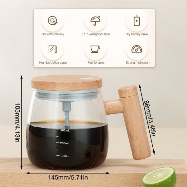 Selvrørende krus med låg, 400 ml elektrisk blandekop, selvrørende kaffekrus, selvrørende kop i borosilikatglas