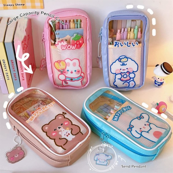 Kawaii Blyantveske - Søt Blyantveske Estetisk for Jenter, Stor Kapasitet Penn Blyantveske Slitesterk Veske, Skolemateriell for Tenåringer Kan Holde 60+ Penner Purple Dog