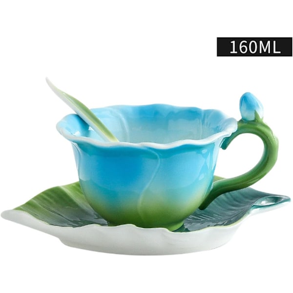 Fargerik Rose Keramisk Kaffe Mark Vannkopp, Tallerken, Plate, Pot Sett for kontor hjem restaurant kafé tehus - Rosa Rose Kanne Blue