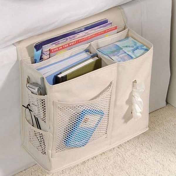Sängförvaring 6 Fickor Sängmadrass Soffa Organizer Hängande Väska för Bok Fjärrkontroll Mobiltelefon Glasögonhållare Beige Ficka