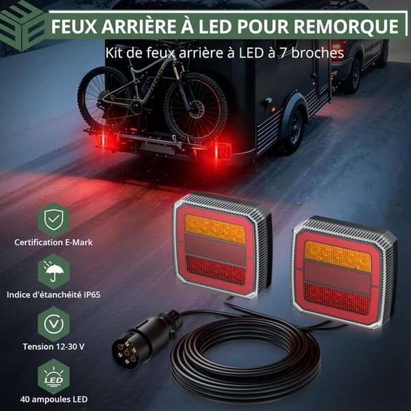 Trailerbaglygter - Sæt med 2 - 40 LED-enheder IP65 - Multifunktion E-mærke 12V-30V - Til vægt L