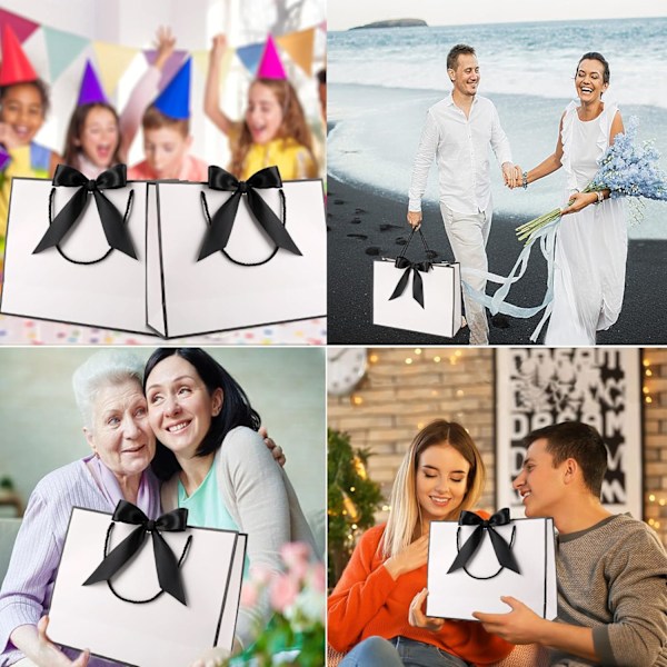 Presentpåsar för presenter, presentpåsar i papper med rosettband, presentpåsar för bröllop, brudtärnor, födelsedag, fest, firande, 12,6 x 9,8 x 3,9 tum White-Black ribbon