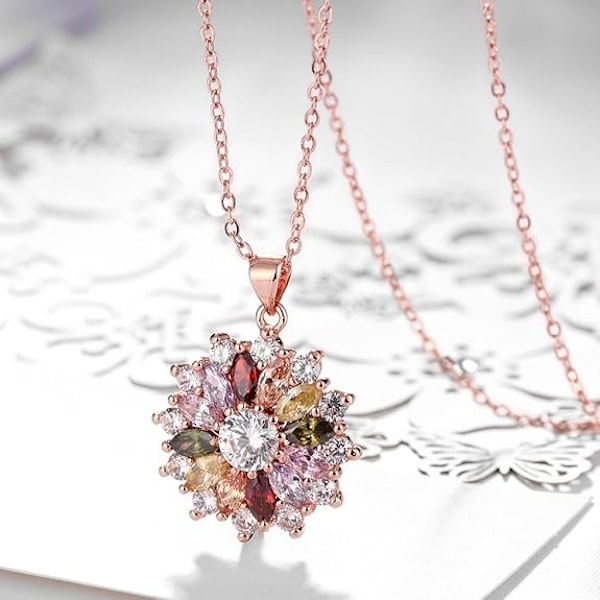 Roseguldbelagt halskæde skinnende modefarve blomsterform cubic zirconia vedhæng halskæder smykker til kvinder piger