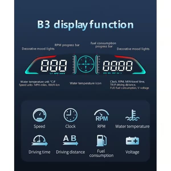Bil Head-Up Display Modell B3 - Hastighetsmätare - OBD2 - Vattentemperaturlarm