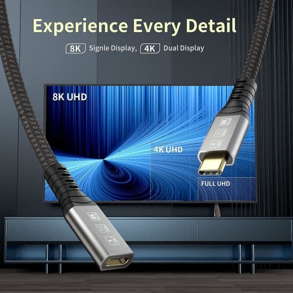 Thunderbolt 4 Förlängningskabel, USB-C Kabel till USB C Hane till Hona, Stöder 8k/5k@60hz Video / 40gbps Dataöverföring / 100w Laddning (0,8m)