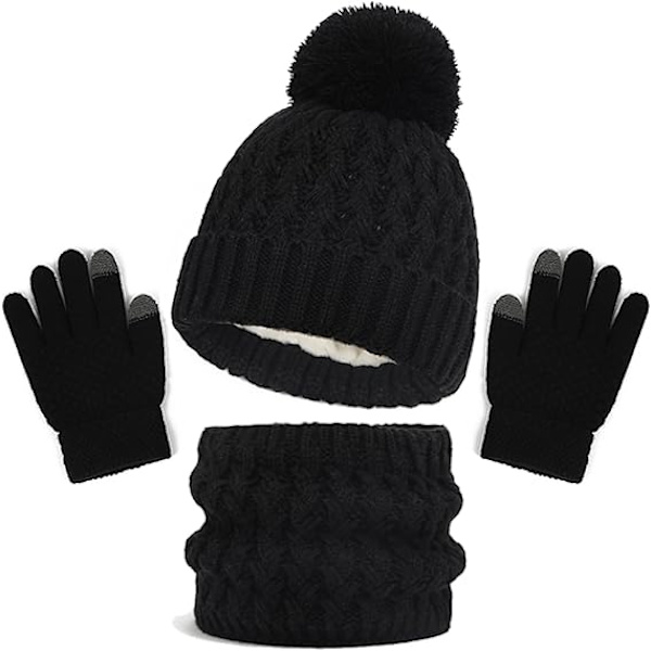 Vintermössa, Halsduk och Vantar Set för Barn, 3-Delar Stickad Varm Crochet Tjock Fluffig Halsduk Pom Pom Mössa Två Fingrar Touch Screen Vantar Set Black