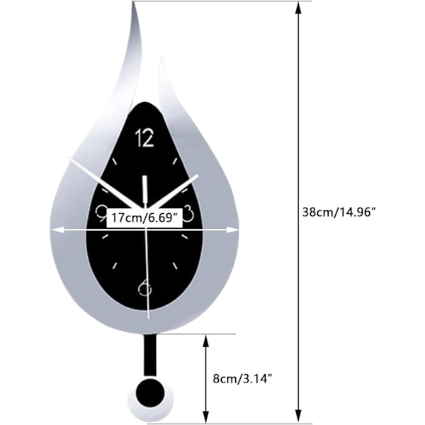 Vann-dråpe veggklokke for stue, soverom, kontor, dekor, stille batteridrevet veggklokke med pendel Silver