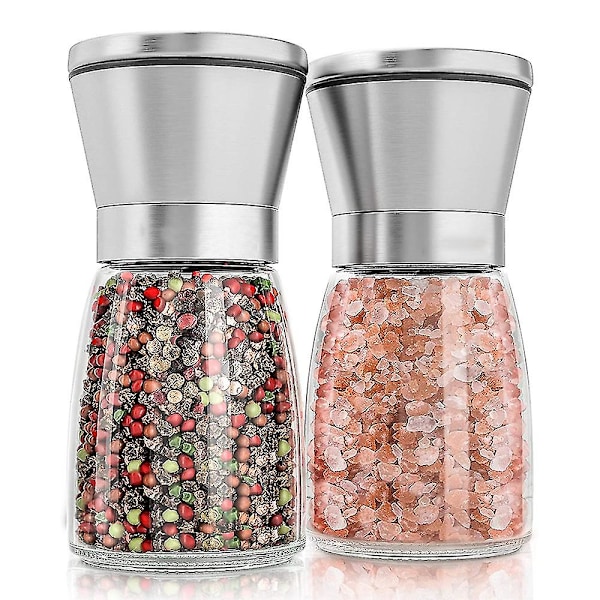 2-delt sæt Premium salt- og peberkværn i rustfrit stål Justerbar keramisk havsaltkværn Peberkværn Høje salt- og peberbøsser i glas 2pcs Short