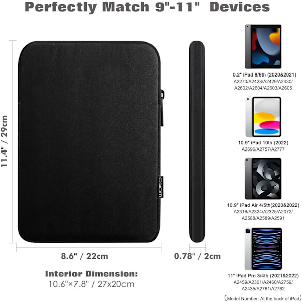 9-11 tommers nettbrett-hylseveske som passer til nye 11-tommers iPad Pro M4/iPad Air M2 2024, iPad Air 5/4/3 10,9\"/10,5\", iPad Pro Black