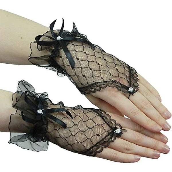 Fingerless Gloves Dam - Spetshandskar - Svarta Goth-handskar, Brudhandskar 1 par, Svarta)