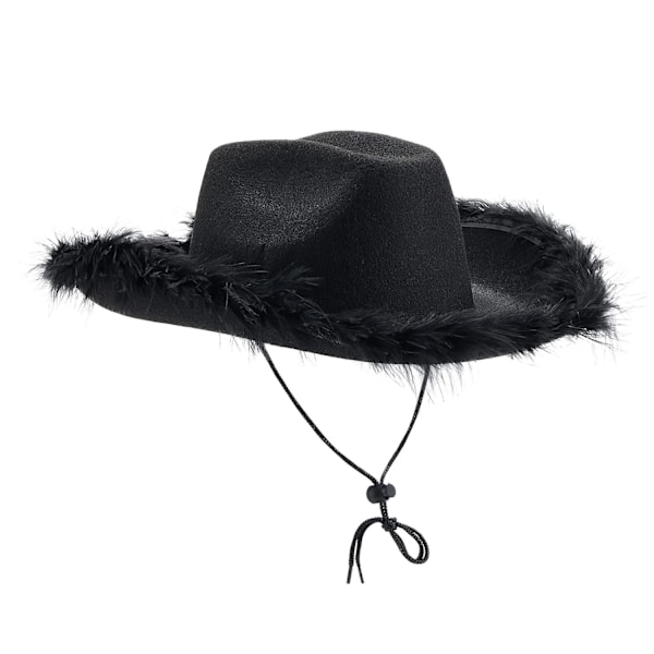 Cowboyhatte til Kvinder Plysset Fjederkant Cowgirl Hat til Polterabend, Kostumefest, Leg Klæd Dig Ud Black