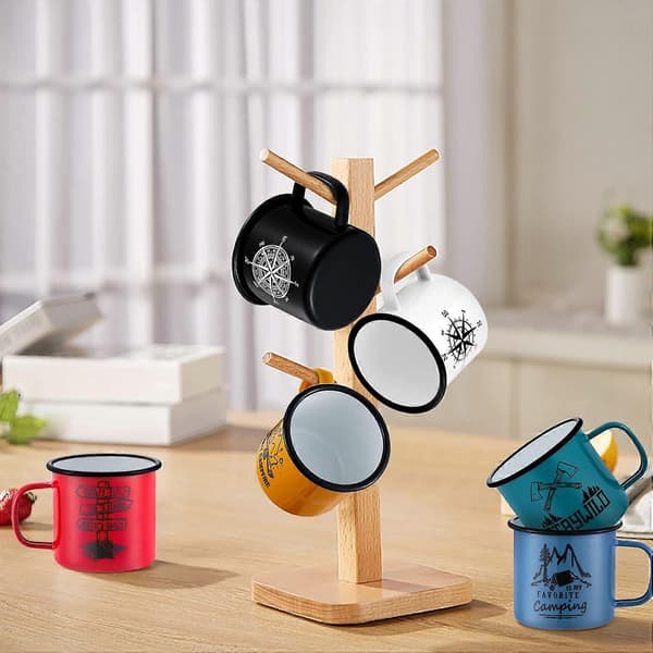 6 Sæt Multi Farver Emalje Kaffekrus til Lejr Drikkekrus 47 cl