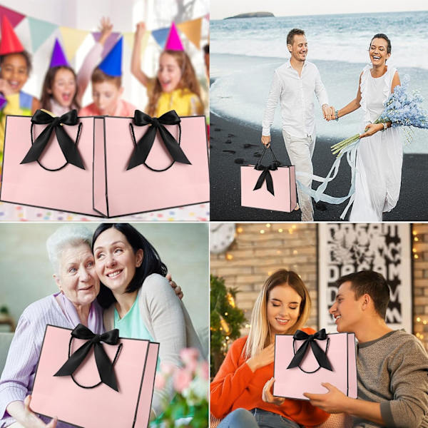 Presentpåsar för presenter, presentpåsar i papper med rosettband, presentpåsar för bröllop, brudtärnor, födelsedag, fest, firande, 12,6 x 9,8 x 3,9 tum Pink-Black ribbon