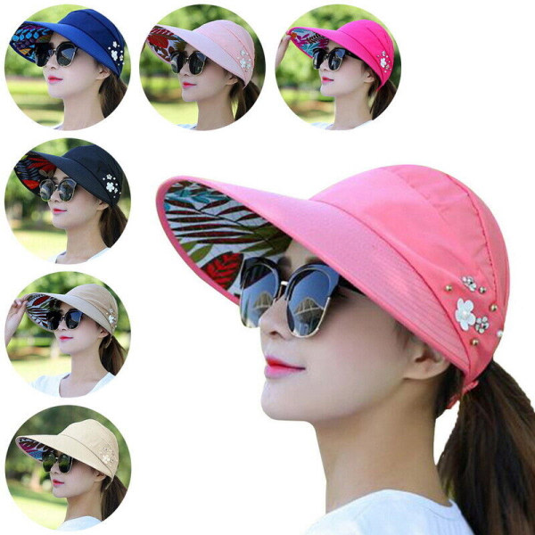 Womens Summer Wide Brim Collapsible Sun Hat Anti-UV Ladies Beach Visor Caps Hat Black