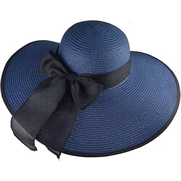 Bredbremmet Fedora Hat til Kvinder med Bæltespænde Retro Panama Floppy Hat Navyblue