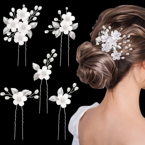 5-pack Bröllops Hårklämmor Blomma Merle Bröllops Hårtillbehör Silver Bröllops Hårtillbehör Hår U-Form Bröllop