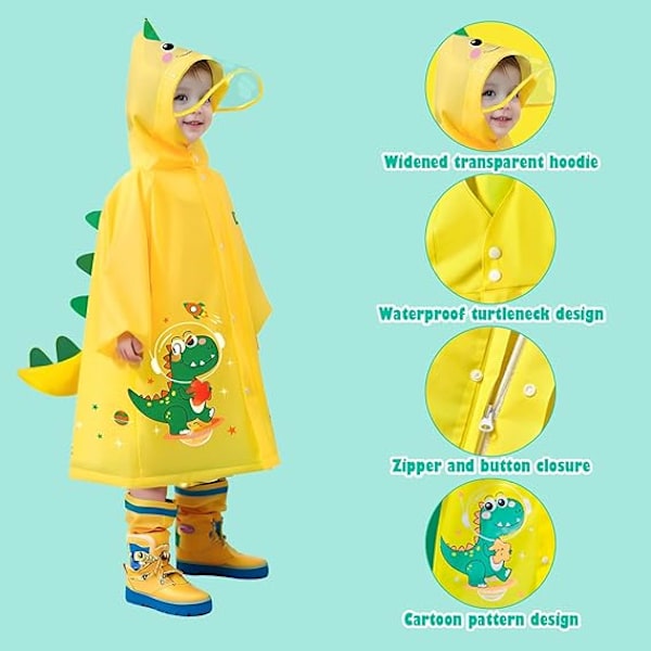 1 stk. Regnjakker til Børn, Vandtæt Regnjakke til Piger og Drenge, 2-4 År, 3D Tegneserie Børne Regnjakke, Toddler Poncho med Hætte Yellow L