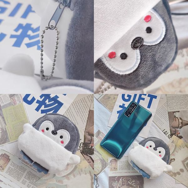 3PCS Söt Kawaii Djur Plånböcker för Tonårsflickor Liten Myntväska Mini Plysch Plånböcker Sminkväska för Kvinnor med Dragkedja Pingvin No small package