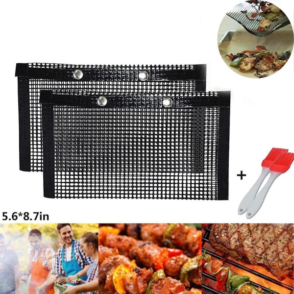 BBQ Mesh Mat with 2 PCS Silicone Brushes, Non-Stick BBQ Baking Bag, Reusable Mesh Accessories