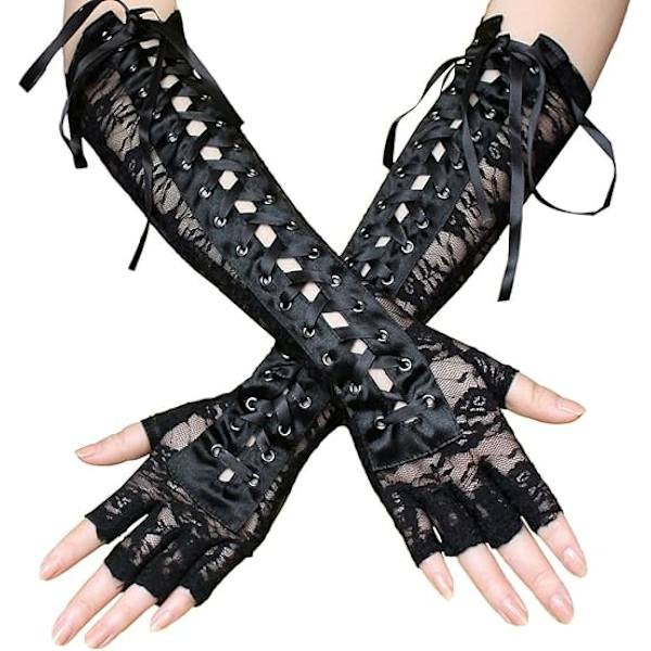 Spets Handskar Steampunk Fingerlösa Handskar Justerbara Festklänningar Långa Handskar Brudspets Handskar för Kvinnor Black
