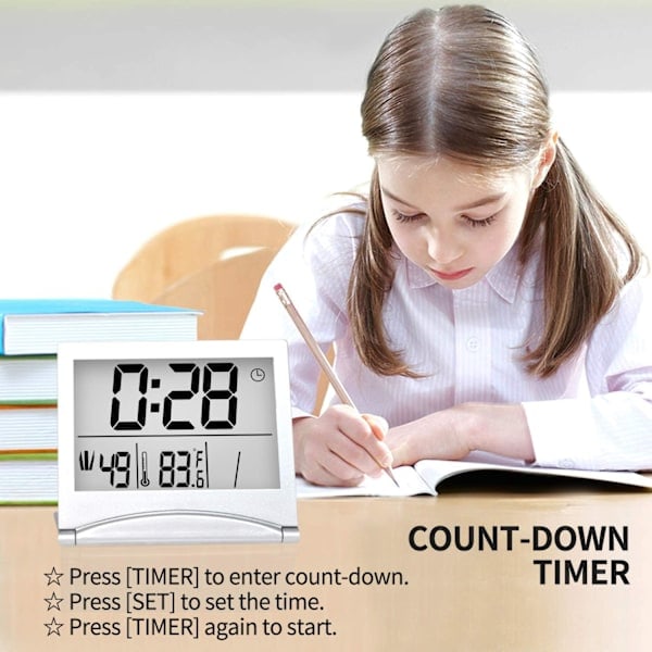 Digital resealarmklocka - Fällbar kalendertemperatur LCD-klocka med snooze-läge - Stor sifferdisplay, batteridriven (silver, ingen bakgrundsbelysning)