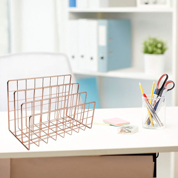 Metallisk Magasinholder for Skrivebord, Filholder med 3 Rom, Jerntråd Oppbevaringshylle, Filorganisator, Holder, Multifunksjonell Brevfil, Bokoppbevaringskurv Rose Gold