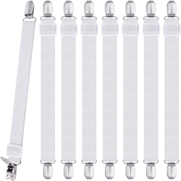 8 st sängklädesklämmor, justerbara sängklädesgripare, högelastiska lakan med spännen, lakanfästen max stretch 120 cm, lakanhållare White