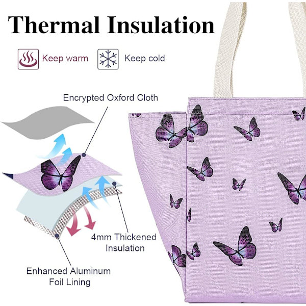1 stk Isolerende Lunsjpose, Slitesterk Brettbar & Bærbar Lunsjpose med Innvendige Lommer, Vannbestandig Termisk Purple Butterflies