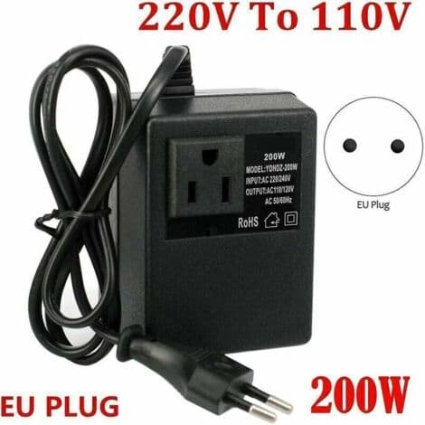 220V til 110V transformator, 200W, med europeisk plugg, for redusert spenning.
