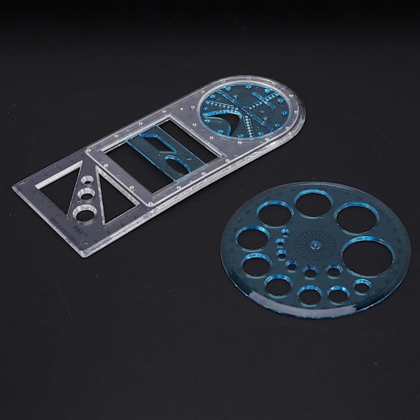 2 st multifunktionella geometriska linjaler i plast, cirkelritningsverktyg, ritmallar, transparenta grafiska designverktyg