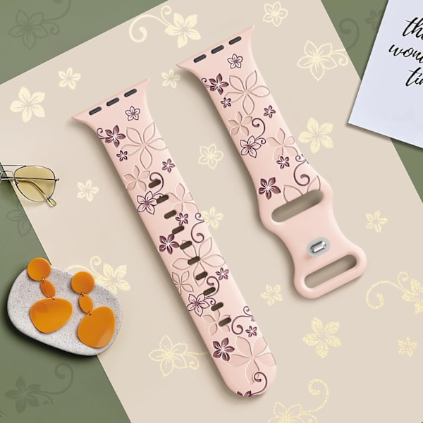 Blommiga graverade remmar kompatibla med Apple Watch-remmar för kvinnor, söta blommiga iWatch-band mjuka silikon sportremmar för iWatch-serien Pink/Smoky purple 42/44/45/49mm