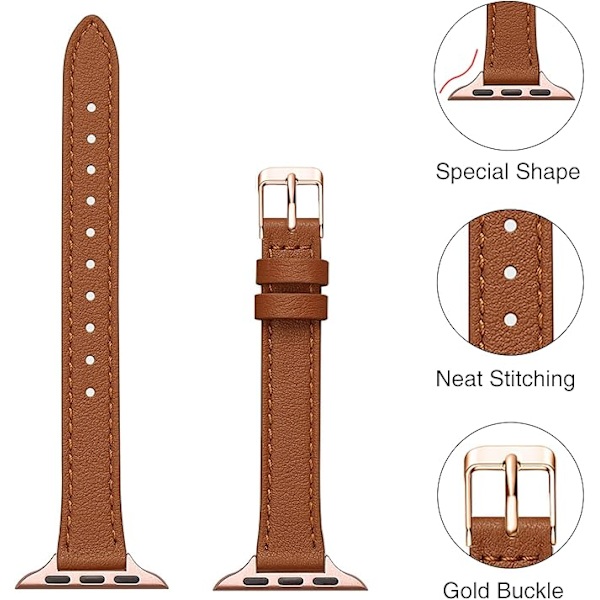 Läderarmband Kompatibelt med Apple Watch-armband Äkta Slim&Thin Läderersättningsband, Armband för iwatch Serie Kvinnor Män Brown&Rosegold 38/40/41mm