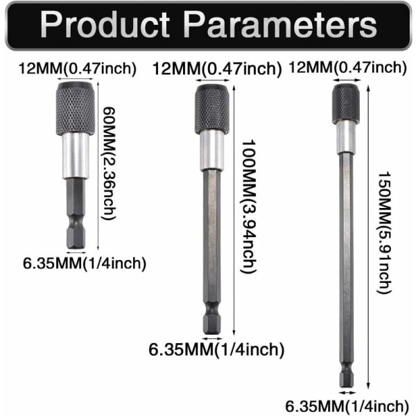 Magnetisk Skruetrækker Bitsholder 2\" 4\" 6\" Hexskaft 1/4\" Hurtig Skift Sæt - 3 stk