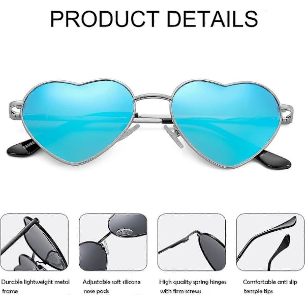 SDIGV Polariserte Hjerte Solbriller for Kvinner Mote Nydelig Stil Metallramme UV400 Beskyttelse Linse Silver Blue Mirror