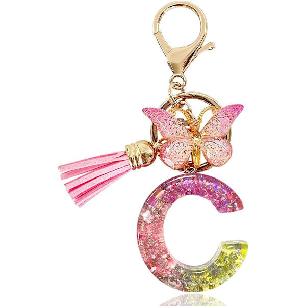 Alfabetet nøglering ringe Pink Cute nøglering med sommerfugl kvast vedhæng indledende bogstaver C
