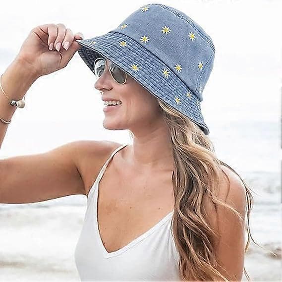 Solhatter Vasket Denim Bøttehatter Sammenleggbare Strandhatter, Lyseblå