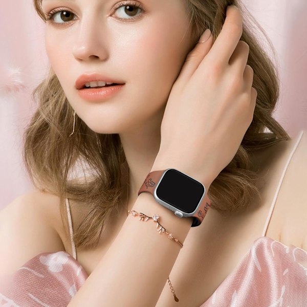 Blomstergravert Rem for Apple Watch-reimer Kvinner Dameklokke Rem, Silikon Søt Blomst Sommerfugl Sportbånd for Apple Watch-serie Brown Black 42/44/45mm