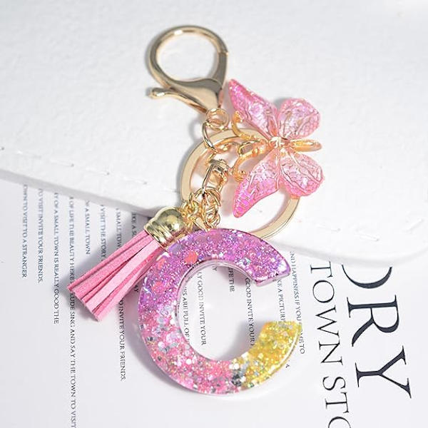 Nyckelring med bokstäver, rosa, söt nyckelring med fjärilshänge och tofspendant, initialer C