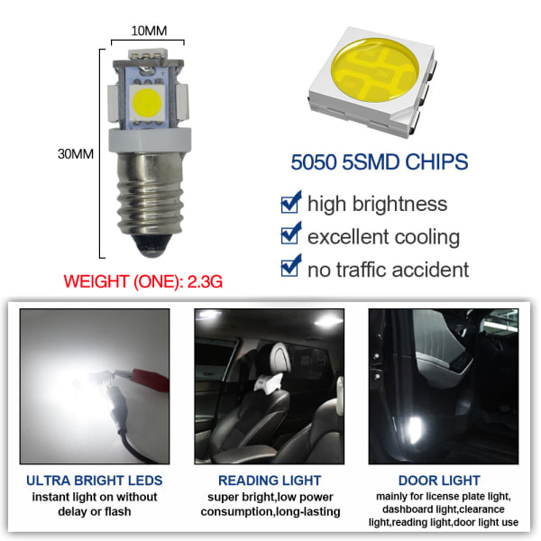 10 st E10 6V LED-lampor 5SMD 0.5W 50LM (Kallvitt)