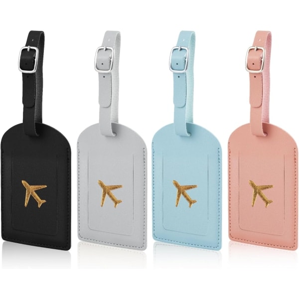 4 stk. bagasjelapper, PU-skinn bagasjelapp med justerbar stropp, koffertlapper, bagasjelapper med personvernbeskyttelse, bagasjemerker (4 farger)